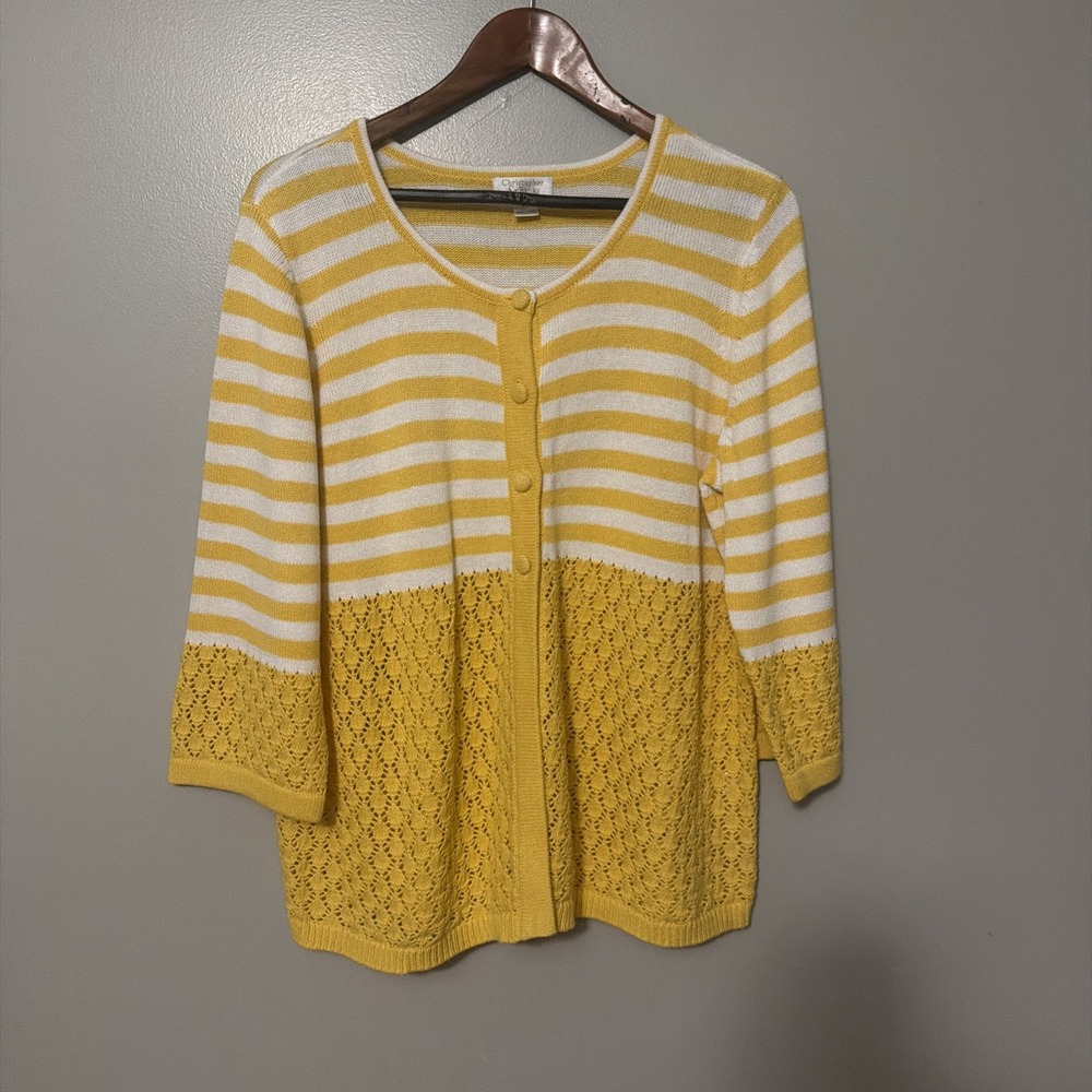 Christopher & Banks Knit Sweater Cardigan XL Stripe Lace Knit 3/4 Sleeve